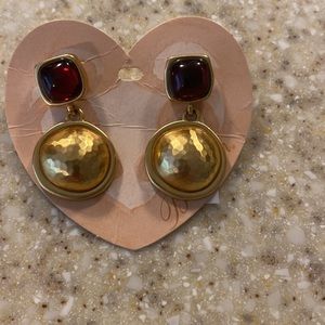 Brighton Versailles hammered gold and ruby colored stone pierced earrings.